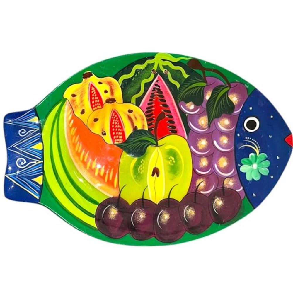 Vintage Talavera Mexican Pottery Hand Painted Fruits Fish Shape Platter $113